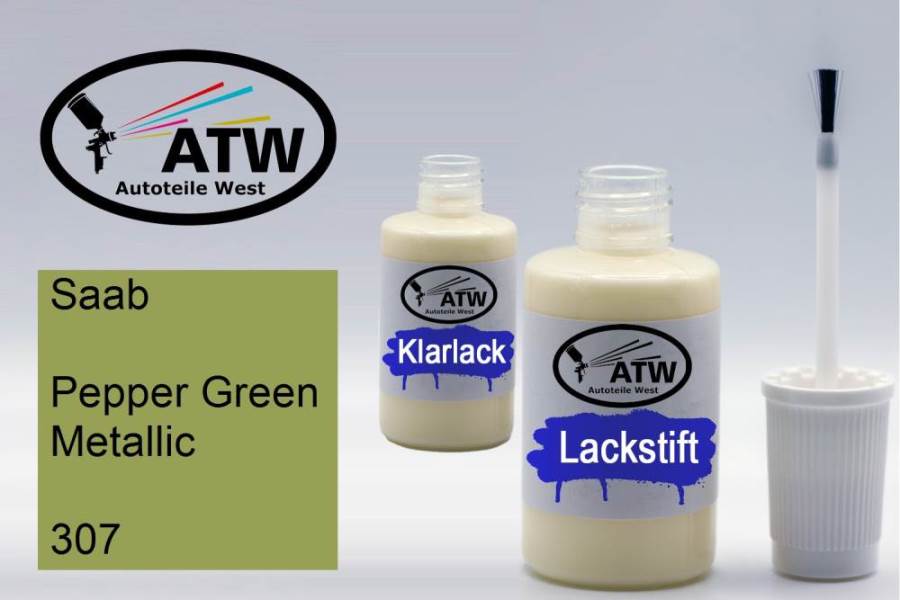 Saab, Pepper Green Metallic, 307: 20ml Lackstift + 20ml Klarlack - Set, von ATW Autoteile West.